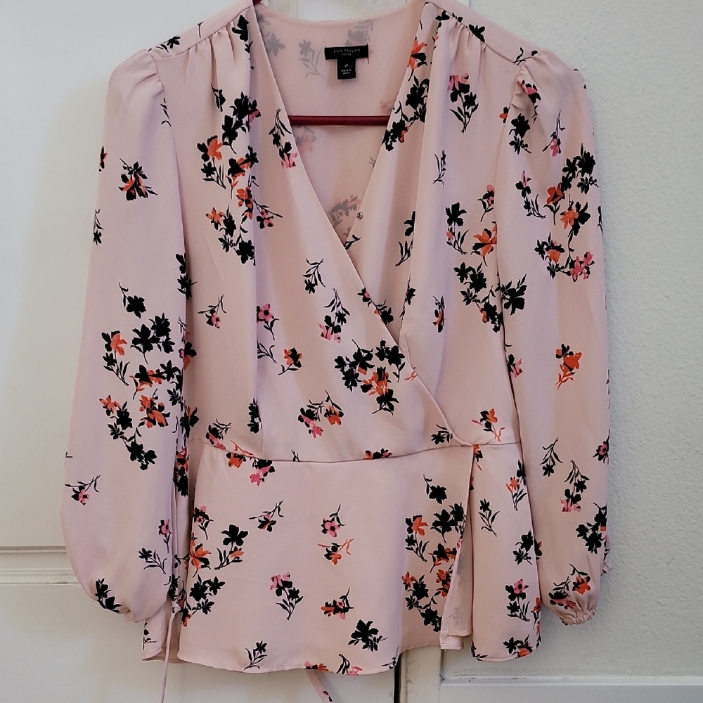 Ann Taylor Floral Wrap Blouse - Pink